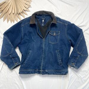 Vintage Roundtree & Yorke Leather Collar Denim Jean Barn Coat Trucker Jacket XL